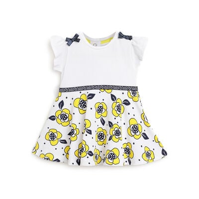Girls White and Yellow Printed Short Sleeve Dress